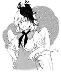  1girl animal animal_on_head bangs bird bird_wings breasts chick dress greyscale hand_on_hip hisona_(suaritesumi) looking_at_viewer medium_breasts monochrome multicolored_hair niwatari_kutaka on_head open_mouth puffy_short_sleeves puffy_sleeves shirt short_sleeves smile solo tail touhou white_background wings 