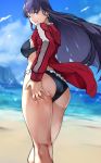  1girl 55level absurdres ass bangs beach bikini black_bikini blue_eyes breasts earrings fate/grand_order fate_(series) frilled_bikini frills green_earrings highres hoop_earrings jacket jewelry large_breasts long_hair long_sleeves looking_at_viewer looking_back ocean open_clothes open_jacket purple_hair red_jacket saint_martha saint_martha_(swimsuit_ruler)_(fate) sand smile solo sparkle swimsuit thighs water 