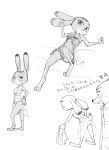  anthro barefoot blush bodily_fluids canid canine clothed clothing dipstick_ears disney duo female fox fur grey_body grey_fur japanese_text judy_hopps lagomorph leporid looking_at_another lying male mammal multicolored_ears nick_wilde on_back purple_eyes rabbit red_fox simple_background skimpy smile sou standing sweat sweatdrop text white_background zootopia 