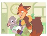  age_regression anthro baby big_ears blush canid canine carrot clock clothing cub cuddlehooves diaper disney door duo female food fox hi_res judy_hopps lagomorph leporid male mammal nick_wilde open_mouth plant plushie rabbit regression smile teeth vegetable watermark window young zootopia 