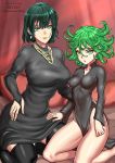  2girls bangs black_dress black_hair breasts commentary_request covered_navel dress earrings fubuki_(one-punch_man) giovanni_zaccaria green_eyes green_hair hand_on_another&#039;s_thigh hand_on_hip jewelry large_breasts long_sleeves looking_at_viewer medium_breasts multiple_girls necklace one-punch_man pearl_necklace short_hair siblings sisters smile tatsumaki 