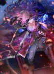  1girl absurdres bandages belt blood blue_eyes boots breasts cleavage coat_lift dutch_angle embers eyepatch fate/grand_order fate_(series) fingerless_gloves francis_drake_(fate) gloves glowing grin gun handgun high_collar highres holding large_breasts long_hair motion_blur pink_hair pistol ponytail reluvy rigging scar single_glove smile solo twitter_username weapon wind 