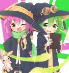  2girls ;d ayanepuna bangs black_headwear black_robe black_skirt blush book borrowed_character brown_eyes collared_shirt commentary_request dress_shirt eyebrows_visible_through_hair flying_sweatdrops frilled_skirt frills goggles goggles_on_headwear green_eyes green_hair green_scarf hair_between_eyes hat highres holding holding_book holding_wand hood hood_down hooded_robe multiple_girls one_eye_closed open_clothes open_mouth open_robe original pink_hair plaid plaid_skirt pleated_skirt red_neckwear robe scarf shirt skirt smile stuffed_animal stuffed_bunny stuffed_toy sweater_vest wand wavy_mouth white_shirt witch_hat 