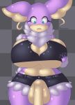  anthro audino balls big_balls big_breasts black_clothing breasts cleavage clothed clothing curvaceous curvy_figure fan_character fluffy fondling grope gynomorph hi_res huge_breasts intersex nintendo nirriti open_mouth overweight penis pok&eacute;mon pok&eacute;mon_(species) purple_body purple_skin shiny shocked simple_background slightly_chubby solo standing surprise thick_thighs video_games voluptuous 