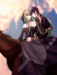  1boy 1girl absurdres black_capelet black_dress black_hair black_sleeves blurry blurry_background breasts c.c. capelet cleavage code_geass collarbone couple detached_sleeves dress eye_contact floating_hair frilled_sleeves frills green_hair highres hisamemi_kakann horse jewelry layered_dress lelouch_lamperouge long_dress long_hair long_sleeves looking_at_another medium_breasts riding ring sleeveless sleeveless_dress strapless strapless_dress very_long_hair yellow_eyes 