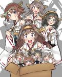  4girls :q absurdres ahoge animal_ears bangs black_hair blush box braid breasts brown_hair cardboard_box cat_ears detached_sleeves dokuganryuu double_bun eyebrows_visible_through_hair flipped_hair glasses grey_hair hairband haruna_(kantai_collection) headgear hiei_(kantai_collection) highres holding japanese_clothes kantai_collection kirishima_(kantai_collection) kongou_(kantai_collection) ladle long_hair minigirl multiple_girls nontraditional_miko open_mouth ribbon-trimmed_sleeves ribbon_trim short_hair skirt tongue tongue_out 