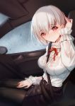  1girl albino bangs between_breasts bison_cangshu black_legwear black_skirt blush bra bra_through_clothes breasts brown_legwear car_interior center_frills closed_mouth eyebrows_visible_through_hair frilled_shirt frills girls_frontline hair_between_eyes hand_on_own_thigh hand_up highres large_breasts long_sleeves looking_at_viewer miniskirt neck_ribbon pantyhose pencil_skirt rain red_eyes red_neckwear red_ribbon revision ribbon rmb-93_(girls_frontline) seatbelt see-through shirt short_hair silver_hair sitting skirt smile solo underwear vehicle_interior water wet wet_clothes wet_shirt white_bra white_shirt 