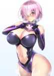  1girl bare_shoulders blush breasts cleavage cleavage_cutout closed_mouth collar elbow_gloves fate/grand_order fate_(series) gloves gradient gradient_background hair_over_one_eye heart heart_hands heavy_breathing highleg highleg_leotard kumakichi_(cost-lost) lavender_hair leotard looking_at_viewer mash_kyrielight metal_collar navel navel_cutout purple_eyes purple_gloves purple_leotard short_hair smile solo 