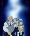  bald blue_hair bow closed_eyes family gou_takeo hachiman_(douno) hair_bow hair_ornament hand_on_another&#039;s_shoulder highres hoshikawa_lily long_hair looking_up low-tied_long_hair pantyhose parent_and_child reaching_out skirt star star_hair_ornament yellow_eyes zombie_land_saga 
