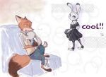  abstract_background anthro barefoot blush bottomwear canid canine clothed clothing dipstick_ears disney duo fox fully_clothed fur grey_body grey_fur inner_ear_fluff judy_hopps lagomorph leporid mammal multicolored_ears nick_wilde orange_body orange_fur pants purple_eyes rabbit red_fox shirt sitting smile sou topwear tuft zootopia 