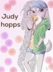  abstract_background anthro bottomwear bubble_gum clothed clothing dipstick_ears disney fully_clothed fur grey_body grey_fur hat headgear headwear hoodie hotpants jewelry judy_hopps lagomorph leporid looking_at_viewer mammal multicolored_ears necklace purple_eyes rabbit shorts solo sou standing topwear zootopia 