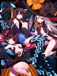  3girls abigail_williams_(fate/grand_order) absurdres bangs bare_shoulders black_bow black_dress black_footwear black_gloves black_hair black_headwear black_legwear black_panties blue_eyes blue_fire blunt_bangs blush boots bow breasts calligraphy_brush center_opening closed_mouth collarbone commentary_request dress elbow_gloves fate/grand_order fate_(series) fire flute forehead gloves glowing glowing_eye grin hair_ornament hat hat_bow high_heel_boots high_heels highres instrument katsushika_hokusai_(fate/grand_order) key keyhole large_breasts leaf_hair_ornament long_hair long_sleeves looking_at_viewer multiple_bows multiple_girls nima_(niru54) off_shoulder orange_bow paintbrush pale_skin panties parted_bangs parted_lips pink_eyes pipa_(instrument) polka_dot polka_dot_bow purple_eyes purple_hair revealing_clothes short_hair sleeveless sleeveless_dress smile staff strapless strapless_dress swept_bangs tentacles thigh_boots thighhighs thighs third_eye underwear v-shaped_eyebrows very_long_hair white_hair white_skin witch_hat yang_guifei_(fate/grand_order) 