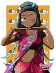  1girl artist_name bindi black_hair blue_eyes blue_eyeshadow blue_hair blush bracelet commentary_request cowboy_shot curry curry_rice dark_skin dated earrings eyeliner eyeshadow food gym_leader indian_clothes jewelry makeup midriff multicolored_hair navel necklace one_eye_closed pokemon pokemon_(game) pokemon_swsh rice rurina_(pokemon) sari signature solo tokihime_kaseki twitter_username two-tone_hair 