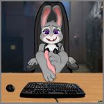  2020 3_toes 4_fingers anthro barefoot blush computer_mouse desk dildo disney feet female fingers foot_fetish fur furniture gaming grey_body grey_fur headphones humanoid_hands judy_hopps keyboard lagomorph leporid mammal multicolored_ears purple_eyes rabbit seamill sex_toy smile solo toes zootopia 