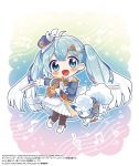  1girl :d alolan_vulpix aqua_eyes aqua_hair band_uniform bangs beamed_eighth_notes blush chibi clothed_pokemon commentary_request copyright crypton_future_media eighth_note epaulettes eyebrows_visible_through_hair french_horn fringe_trim gen_7_pokemon gloves gradient gradient_background gradient_hair hair_ornament hat hat_feather hatsune_miku holding holding_instrument horn_(instrument) instrument long_hair long_sleeves looking_at_viewer mini_hat mini_shako_cap mini_top_hat multicolored_hair musical_note musical_note_background musical_note_print nishida_yuu official_art open_mouth outstretched_arm pantyhose piapro pleated_skirt pokemon pokemon_(creature) sheet_music sidelocks skirt smile snowflake_background snowflake_print solo_focus top_hat twintails very_long_hair vocaloid white_footwear white_gloves white_skirt x_hair_ornament yuki_miku yuki_miku_(2020) 