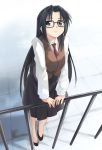  1girl bangs black_hair blue_eyes blush fence from_above full_body glasses highres light_smile long_hair long_sleeves looking_at_viewer looking_up necktie nohirune railing read_or_die red_neckwear shirt sidelocks solo yomiko_readman 