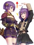  2girls arm_up arrow bernadetta_von_varley bob_cut breasts cleavage dual_persona eyebrows_visible_through_hair fingers_together fire_emblem fire_emblem:_three_houses garreg_mach_monastery_uniform gloves gonzarez hair_ornament height_difference highres hood looking_at_another multiple_girls open_mouth purple_hair quiver school_uniform short_hair shorts shorts_under_skirt simple_background skirt white_background 