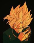  1boy arm_at_side backlighting black_background black_shirt black_theme clenched_teeth close-up commentary_request dougi dragon_ball dragon_ball_super earrings evil_smile fenyon fingernails from_above gokuu_black hand_on_own_chest jewelry long_sleeves looking_at_viewer looking_up male_focus monochrome orange_theme potara_earrings ring shaded_face shirt simple_background single_earring smile spiked_hair super_saiyan_rose teeth upper_body v-shaped_eyebrows 