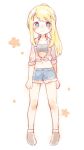  1girl arms_at_sides bare_legs blonde_hair blue_eyes blush breasts brown_footwear casual cleavage clenched_hands collar_up collarbone collared_shirt denim denim_shorts dot_nose eyebrows_visible_through_hair floral_background flower full_body fullmetal_alchemist happy high_ponytail legs_apart long_hair long_sleeves looking_at_viewer medium_breasts midriff navel pink_flower polka_dot polka_dot_background ponytail shiny shiny_hair shirt shoes short_shorts short_socks shorts sidelocks simple_background smile socks solo standing straight_hair strapless striped striped_shirt tied_shirt tubetop vertical-striped_shirt vertical_stripes white_background white_legwear winry_rockbell yue_jiu 