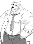  2020 ace_attorney anthro belly bodily_fluids bottomwear bulge canid canine capcom clothing dick_gumshoe fuddyblog hi_res male mammal moobs navel necktie overweight overweight_male pants shirt solo sweat topwear video_games 
