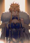  1girl absurdres ahoge artoria_pendragon_(all) artoria_pendragon_(lancer) bangs blonde_hair blue_gloves blue_leotard braid breasts cape closed_mouth commentary cowboy_shot crown fate/grand_order fate_(series) faulds french_braid fur-trimmed_cape fur_trim gloves green_eyes hair_between_eyes highres large_breasts leotard orange_background rhongomyniad saber sidelocks swept_bangs two-tone_background yellow_background yorukun 