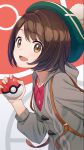  1girl backpack bag bangs beret breasts brown_eyes brown_hair cowboy_shot eyebrows_visible_through_hair green_headwear hat highres hood hoodie hyuuga_azuri long_sleeves looking_at_viewer open_mouth parted_bangs patterned_background poke_ball poke_ball_(generic) poke_ball_symbol pokemon pokemon_(game) pokemon_swsh pom_pom_(clothes) shirt short_hair small_breasts smile solo straight_hair yuuri_(pokemon) 