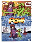  4_fingers absurd_res angry black_eyes black_nose breasts buoy clothed clothing comic duo english_text female fingers fist fur hi_res lutrine mammal megawolf77 mustelid partially_submerged tentacles text tongue tongue_out water wet x_eyes 