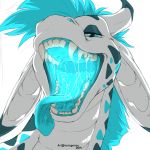  2019 ambiguous_gender blue_eyes blue_mane blue_markings blue_tongue bodily_fluids bust_portrait dated digital_drawing_(artwork) digital_media_(artwork) dragon drooling fangs feral front_view glowing glowing_mouth half-closed_eyes hi_res horn looking_at_viewer mane markings mouth_shot narrowed_eyes nude open_mouth portrait saliva saliva_string scales sharp_teeth simple_background solo spots spotted_body spotted_skin tanzanite_(character) teeth text three-quarter_view tongue tongue_out voregence watermark white_background white_body white_scales white_skin wingless_dragon 