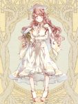  1girl book breasts brown_hair cleavage dairoku_youhei dress elf full_body gold_trim hat holding holding_book long_hair long_sleeves looking_at_viewer mortarboard no_nm_00 pink_eyes pointy_ears simple_background socks solo standing very_long_hair white_dress white_headwear white_legwear yellow_background 
