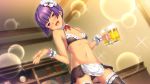  1girl alcohol apron arm_up ass_visible_through_thighs beer beer_mug bikini bikini_skirt bikini_top black_bikini black_bikini_bottom black_bikini_top black_legwear blush breasts cameltoe detached_collar game_cg hair_bun head_tilt hikage_eiji kannei koihime_musou long_hair miniskirt navel open_mouth outstretched_arm purple_eyes purple_hair skirt small_breasts smile solo suzukuri_karin-chan swimsuit thighhighs waist_apron white_apron 