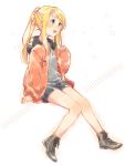 1girl :d ankle_boots arm_at_side arm_support bare_legs black_footwear black_shorts blonde_hair blue_eyes blue_shirt blush boots casual cross-laced_footwear eyebrows_visible_through_hair fingernails full_body fullmetal_alchemist hair_ribbon hand_up happy high_ponytail highres hood hood_down hooded_jacket jacket knees_together_feet_apart lace-up_boots long_hair looking_away open_clothes open_jacket open_mouth pink_ribbon ponytail red_jacket ribbon shiny shiny_hair shirt short_shorts shorts sidelocks simple_background sitting smile solo sparkle sparkle_background straight_hair striped striped_background teeth upper_teeth white_background winry_rockbell yue_jiu 