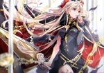  1girl absurdres asymmetrical_sleeves bangs blonde_hair blush bow breasts c.reo cape detached_collar earrings ereshkigal_(fate/grand_order) fate/grand_order fate_(series) gold_trim hair_bow highres holding holding_sword holding_weapon huge_filesize jewelry long_hair looking_at_viewer medium_breasts parted_bangs red_bow red_cape red_eyes single_sleeve skull solo sword thighhighs tiara two_side_up weapon 