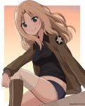  1girl absurdres arm_on_knee arm_support black_footwear black_shirt blonde_hair blue_eyes blue_shorts boots brown_jacket closed_mouth commentary dated denim denim_shorts duke_(kimurasun) dusk dutch_angle emblem girls_und_panzer hair_intakes highres jacket kay_(girls_und_panzer) leaning_back leg_up long_hair long_sleeves looking_at_viewer military military_uniform open_clothes open_jacket orange_background orange_sky outdoors outside_border saunders_military_uniform shirt short_shorts shorts sitting sky smile solo star thighhighs twitter_username uniform white_legwear 