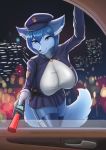  anthro big_breasts blue_body blue_eyes blue_fur blue_hair breasts canid canine clothed clothing female fox fur hair hi_res krystal mammal miklia nintendo police smile solo standing star_fox video_games 