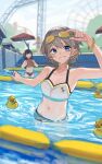  3girls ball bikini blurry depth_of_field earrings goggles goggles_on_head grin highres holding holding_ball holding_goggles idolmaster idolmaster_shiny_colors izumi_mei jewelry lane_line looking_at_viewer mayuzumi_fuyuko midriff multiple_girls navel parasol partially_submerged pool rubber_duck serizawa_asahi smile solo_focus star_(symbol) star_earrings starting_block straylight_(idolmaster) swimsuit t_t two_side_up umbrella volleyball water_drop waterpark wristband zhili_xingzou 