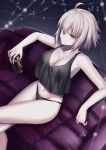  1girl ahoge bangs black_panties blurry blurry_background breasts can cleavage couch crop_top dark_background drink fate/apocrypha fate/grand_order fate_(series) feet_out_of_frame gogatsu_fukuin highres holding holding_can jeanne_d&#039;arc_(alter)_(fate) jeanne_d&#039;arc_(fate)_(all) large_breasts panties reclining short_hair silver_hair smile solo tsurime underwear yellow_eyes 