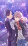  2boys :d adjusting_scarf black_hair black_pants brown_eyes brown_hair denim formal green_coat green_eyes hand_up highres jeans kubota_mifuyu lens_flare male_focus multiple_boys necktie official_art open_mouth outdoors pants purple_scarf red_scarf scarf smile snow snowflakes suit upper_body yaoi 