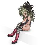  1girl blonde_hair boots breasts bridal_gauntlets chains collar curly_hair dragon_quest dragon_quest_swords earrings elbow_gloves feathers fleurette gloves grey_eyes hair_feathers jewelry long_hair looking_at_viewer necklace nipples nude nude_filter photoshop setia solo spiked_collar spikes striped striped_legwear thighhighs toriyama_akira 