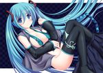  blue_eyes blue_hair blush breasts detached_sleeves green_panties hatsune_miku kageira long_hair medium_breasts necktie no_bra open_clothes open_shirt panties panty_pull shirt side-tie_panties skirt skirt_around_one_leg solo thighhighs twintails underwear undressing untied untied_panties very_long_hair vocaloid 