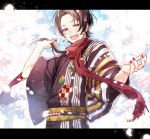  1boy brown_hair cherry_blossoms earrings highres hoshi_akari japanese_clothes jewelry kashuu_kiyomitsu kimono letterboxed male_focus mole mole_under_mouth open_mouth petals ponytail red_eyes red_nails red_scarf scarf smile touken_ranbu yukata 