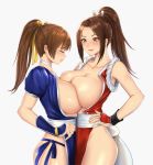  2girls arm_guards breast_press breasts breasts_outside brown_eyes brown_hair choker closed_eyes cowboy_shot crossover dead_or_alive fan fatal_fury from_side height_difference high_ponytail highres kasumi_(doa) large_breasts multiple_girls ninja nyatokanyaru pelvic_curtain ponytail revealing_clothes shiranui_mai standing symmetrical_docking 