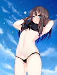  1girl aqua_eyes armpits bare_arms bikini black_bikini black_swimsuit blue_eyes blue_sky blush brown_hair cameltoe cloud commentary_request covered_nipples cowboy_shot day from_below green_eyes hair_between_eyes hands_in_hair hands_up highres idolmaster idolmaster_cinderella_girls light_smile long_hair looking_at_viewer micro_bikini navel okuri_banto parted_lips revision shibuya_rin sky solo swimsuit water_drop 