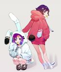  2girls animal_ears animal_hood bangs brown_footwear bunny_ears bunny_hood bunny_tail candy commentary_request drawstring fake_animal_ears fake_tail food food_in_mouth grey_background hair_ornament highres holding holding_food holding_lollipop hood hood_up hoodie lollipop looking_at_viewer mouth_hold multiple_girls original purple_eyes purple_hair red_hoodie shadow shoes socks squatting standing tail tongue tongue_out white_footwear white_hoodie x_hair_ornament yuu_(higashi_no_penguin) 