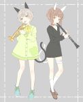  2girls alternate_costume animal_ears bandaged_leg bandages bangs blush brown_hair choker closed_mouth dress eyebrows_visible_through_hair full_body green_dress grey_background highres holding holding_instrument instrument kantai_collection long_sleeves multiple_girls music playing_instrument shiosoda short_hair silver_hair smile socks standing tail v-neck white_legwear z1_leberecht_maass_(kantai_collection) z3_max_schultz_(kantai_collection) 