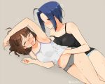  2girls ahoge akizuki_ritsuko armpits blue_hair blush brown_hair camisole closed_eyes commentary glasses idolmaster idolmaster_(classic) lying merukyara miura_azusa multiple_girls on_side panties revision short_hair simple_background sweat underwear underwear_only yuri 