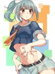  1girl :o bare_shoulders belt black_belt blush breasts crop_top eyebrows_visible_through_hair hair_ribbon kantai_collection medium_breasts midriff navel open_mouth orange_neckwear pleated_skirt ponytail remodel_(kantai_collection) ribbon short_sleeves skirt solo youmou_usagi yuubari_(kantai_collection) 