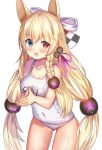  1girl ame_sagari animal_ears bare_arms bare_shoulders blonde_hair blue_eyes bow braid breasts collarbone covered_navel cowboy_shot dog_ears g41_(girls_frontline) girls_frontline hair_bow hair_ornament heterochromia large_breasts long_hair looking_at_viewer name_tag one-piece_swimsuit own_hands_together red_eyes school_swimsuit simple_background solo swimsuit thighs very_long_hair white_background white_swimsuit 