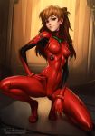  1girl blue_eyes bodysuit hair_ornament highres multicolored multicolored_bodysuit multicolored_clothes neon_genesis_evangelion orange_hair paid_reward patreon_reward pilot_suit plugsuit red_bodysuit shikinami_asuka_langley signature solo souryuu_asuka_langley tarakanovich test_plugsuit twintails 