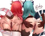  2girls absurdres animal_band_legwear anus aqua_hair ass bar_censor bent_over black_bow black_legwear bow brown_gloves censored character_request dated elbow_gloves facing_away garter_straps gloves highres honkai_(series) honkai_impact_3rd horns long_hair multiple_girls no_panties polka_dot polka_dot_bow presenting pussy red_hair ririko signature simple_background spread_ass tail thighhighs very_long_hair white_background white_bow white_legwear 