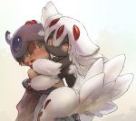  1boy 1girl animal_ears blush brown_eyes brown_hair cheek-to-cheek commentary_request dark_skin extra_arms faputa furry hand_on_another&#039;s_face helmet hug long_hair looking_at_viewer made_in_abyss multiple_tails official_art regu_(made_in_abyss) short_hair simple_background tail tsukushi_akihito white_background white_hair yellow_eyes 